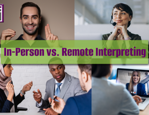 Split image showing in-person interpreter, telephonic interpretation, ASL Interpreting and Video remote interpreting