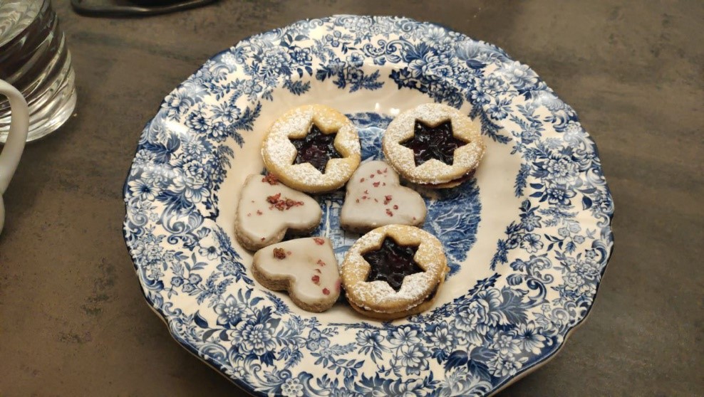 German cookies on a blue and white plate