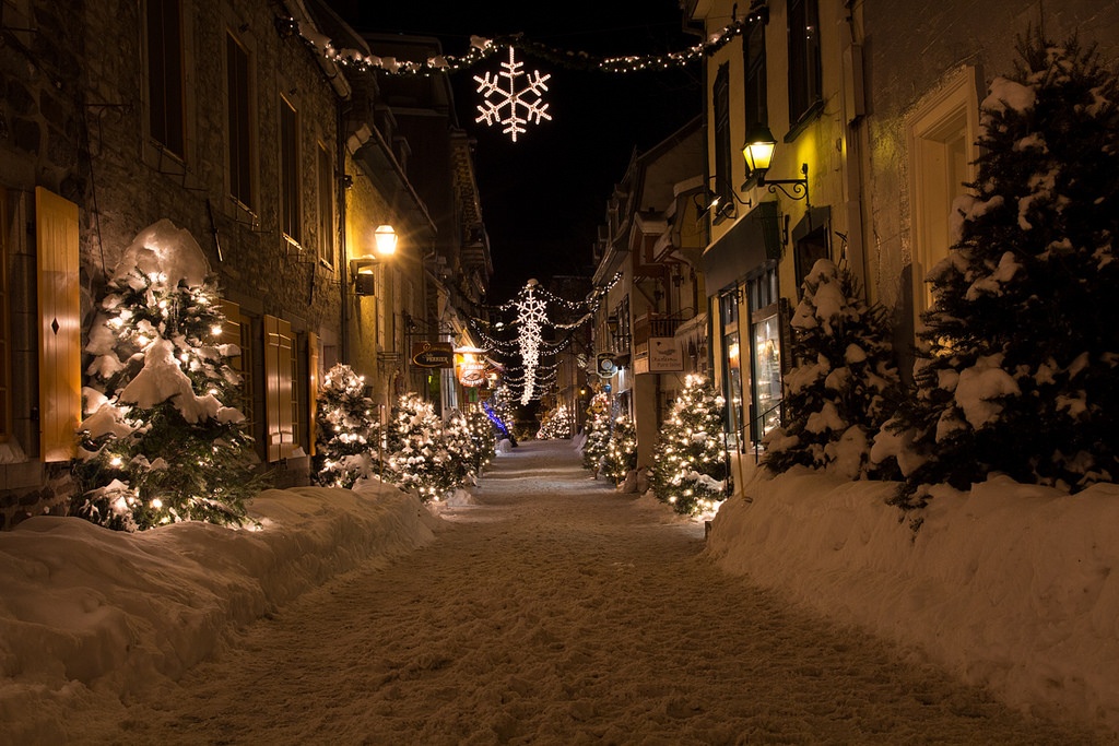Old Quebec city streets covered in snow
