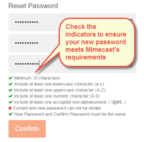 Screenshot from Mimecast on how to reset passwords
