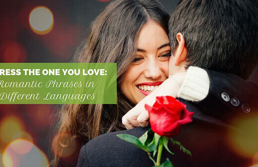Romantic phrases in different languages. Women hugging a man holding a rose