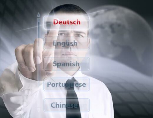 Buttons with various language names with a man pressing "Deutsch"