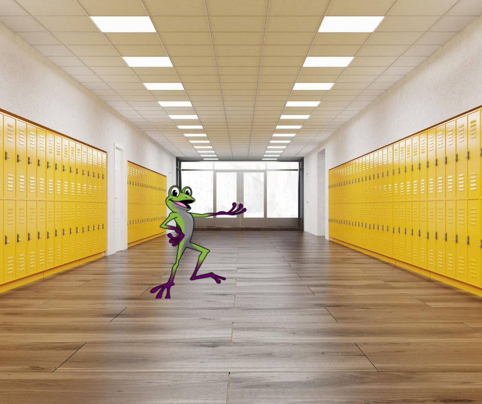 iTi's linguistic superhero Terpii stands in an empty school hallway
