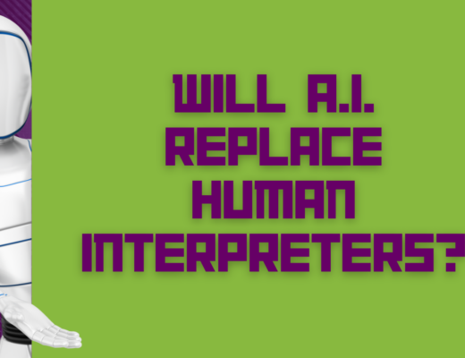 Robot holding a sign saying "Will AI Replace Human Interpreters?"
